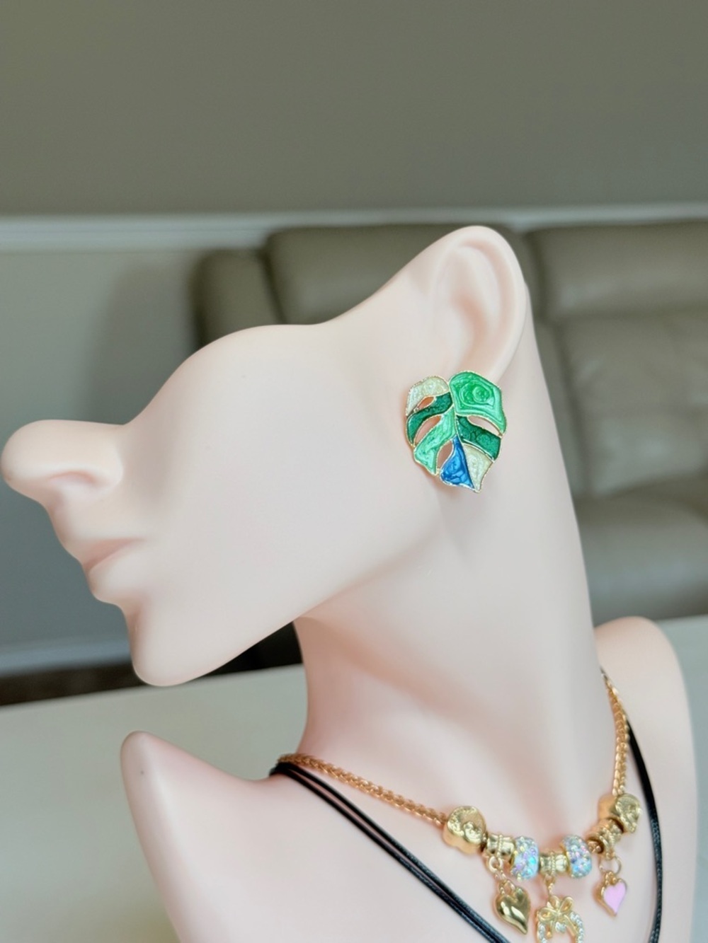 Gold-Tone Green Enamel Monstera Leaf Stud Earrings